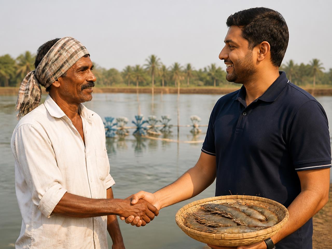 A BSE procurement lead shaking hands with a partner shrimp farmer at a pond